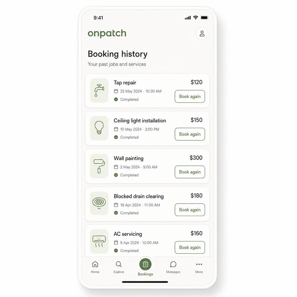 onpatch client portal — History & rebooking