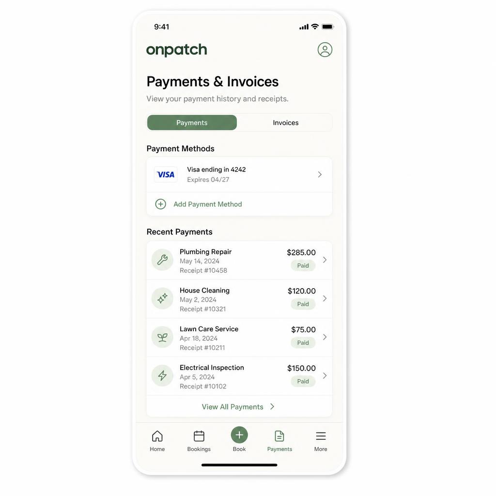onpatch client portal — Payments & receipts